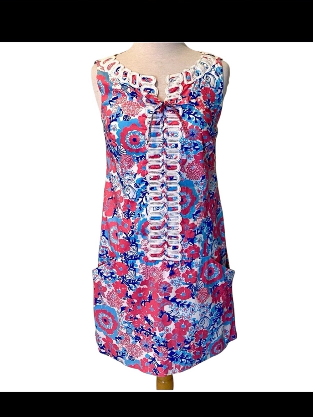 Lilly Pulitzer Floral Sleeveless Shift Dress with trim Pink Blue White